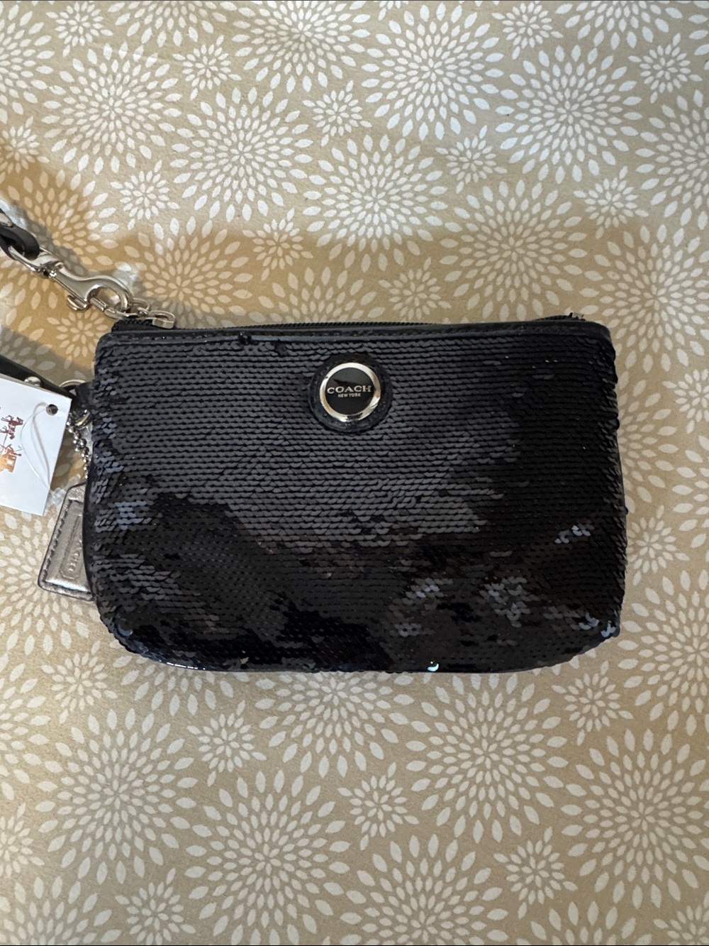 NWT Coach Black Sequin Wristlet Clutch with Logo Accent